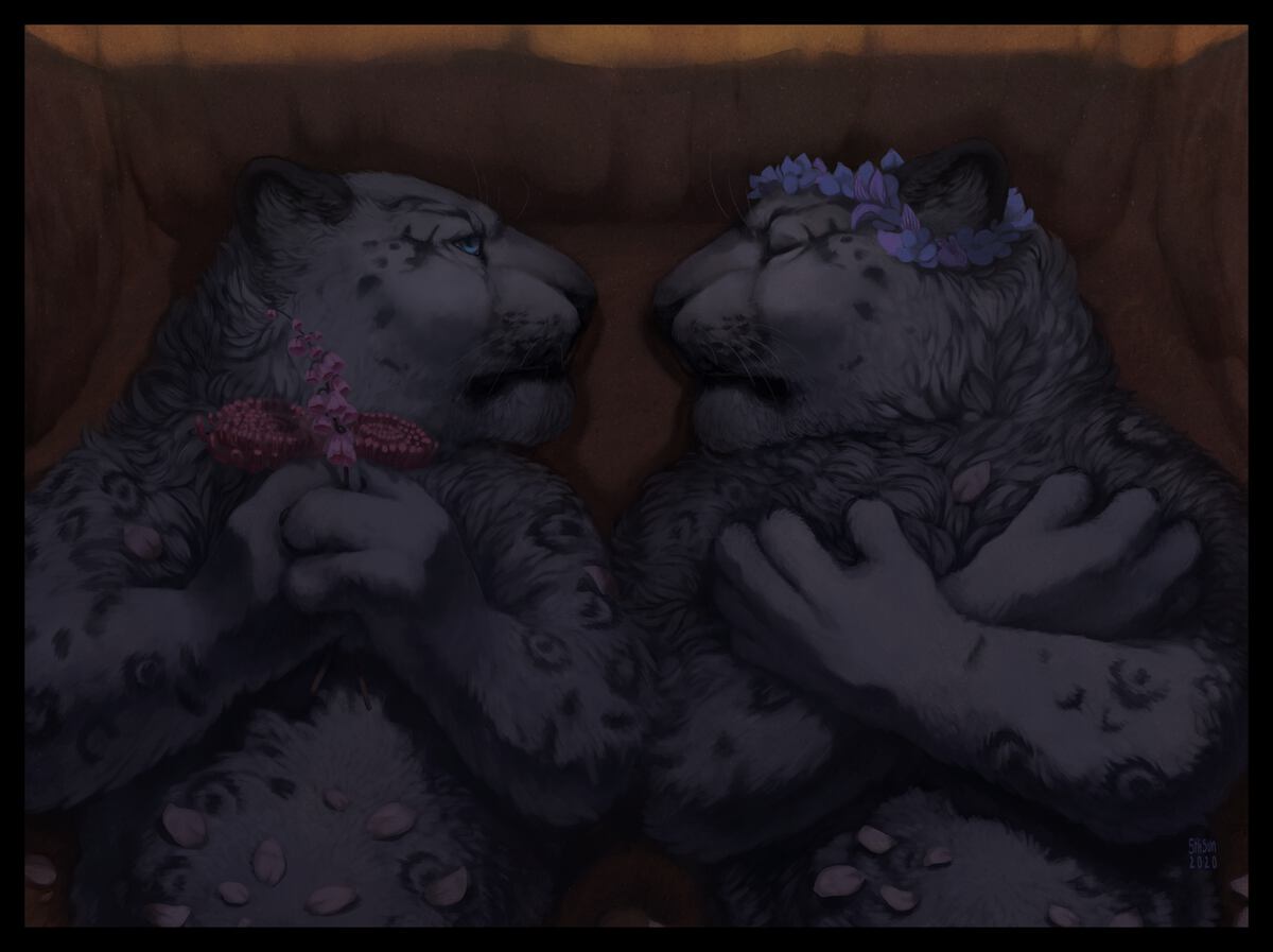 Two snow leopards laying in a sandy coffin. One, their paws holding a red flower, looks upon the other, whose head is crowned with a string of violet and purple flowers. These one's eyes are closed, and arms crossed. A strewn set of white petals covers their lower body.